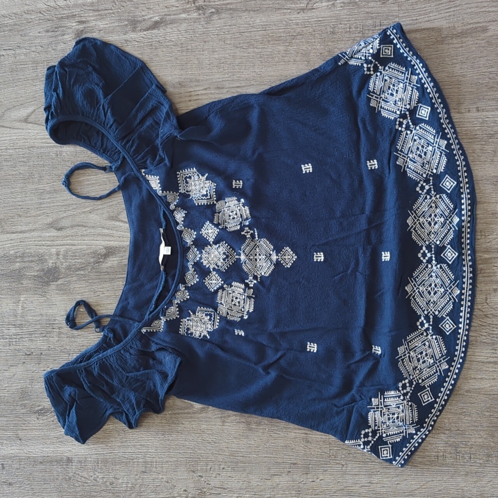 Off the Shoulder Navy Blue Shirt with White Embroidery - Miss Me Brand - Size S